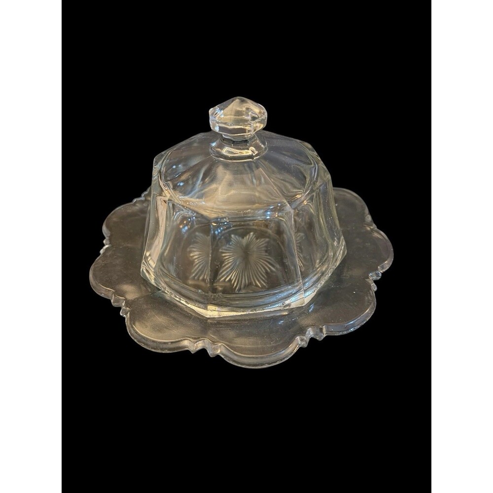 Vtg Glass Dome Top Butter/Cheese Dish Server Starburst Bottom Scalloped Edge